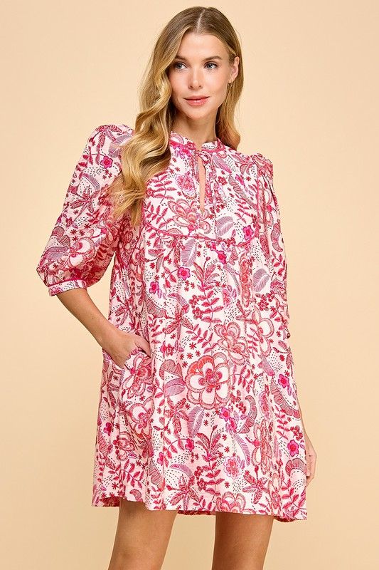 Faux Embroidered Floral Print Bib Detail Dress