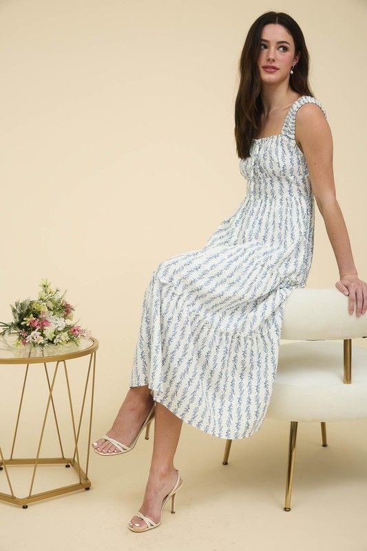 FLORAL STRIPE RUFFLE DETAIL MAXI DRESS