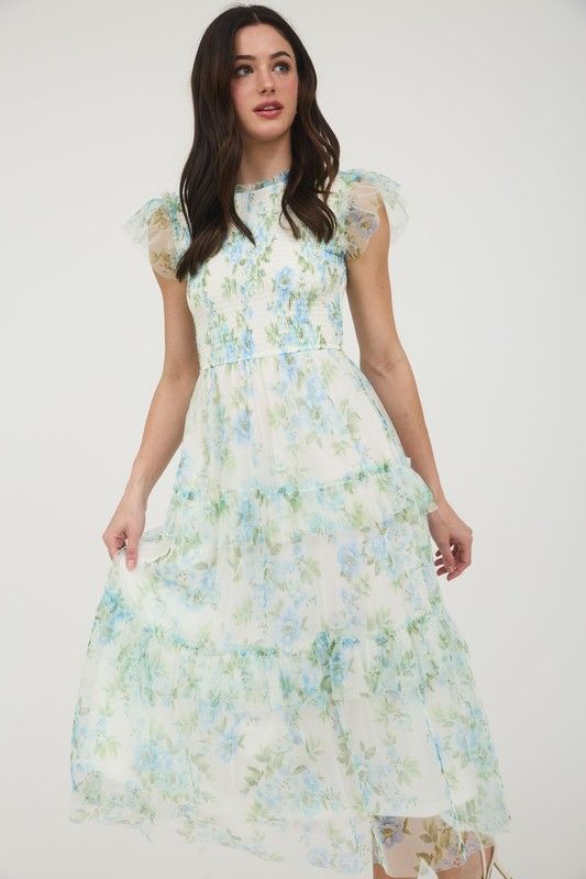 FLORAL SMOCKED RUFFLE DETAIL TIERED MAXI DRESS