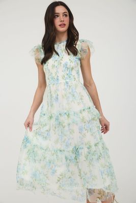 FLORAL SMOCKED RUFFLE DETAIL TIERED MAXI DRESS