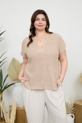 PLUS SPLIT NECK SHORT SLEEVE KNIT PULLOVER