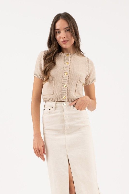 GOLD BUTTON SHORT SLEEVE KNIT CROPPED CARDIGAN