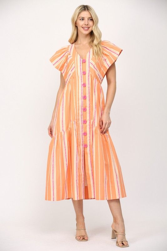 STRIPE V-NECK MAXI DRESS WITH LARGE SWIRL BUTTON