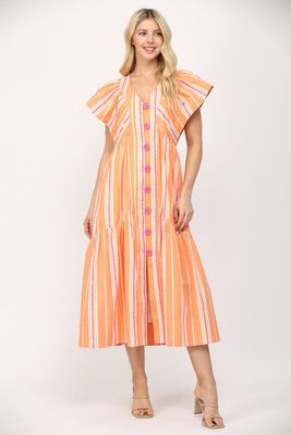 STRIPE V-NECK MAXI DRESS WITH LARGE SWIRL BUTTON
