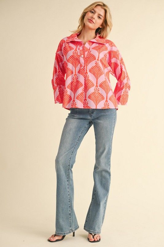 Print 3/4 Sleeves Collar Top PLUS
