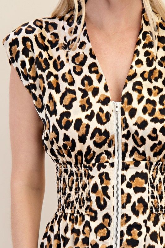 V-Neck Waist Smocked Front Zipper Midi Dress