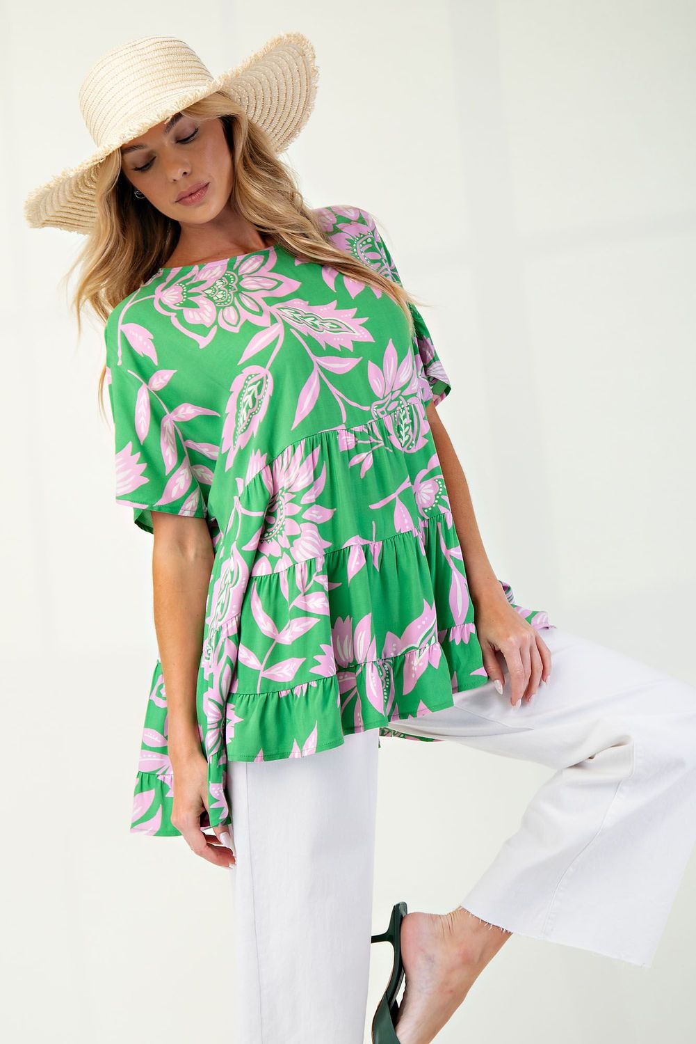 PRINTED RAYON RUFFLE BABYDOLL TUNIC Lime