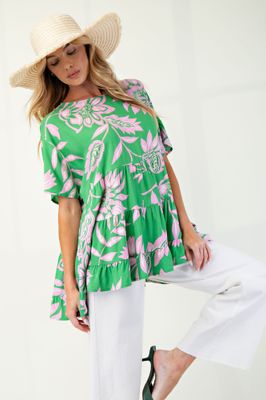 PRINTED RAYON RUFFLE BABYDOLL TUNIC Lime