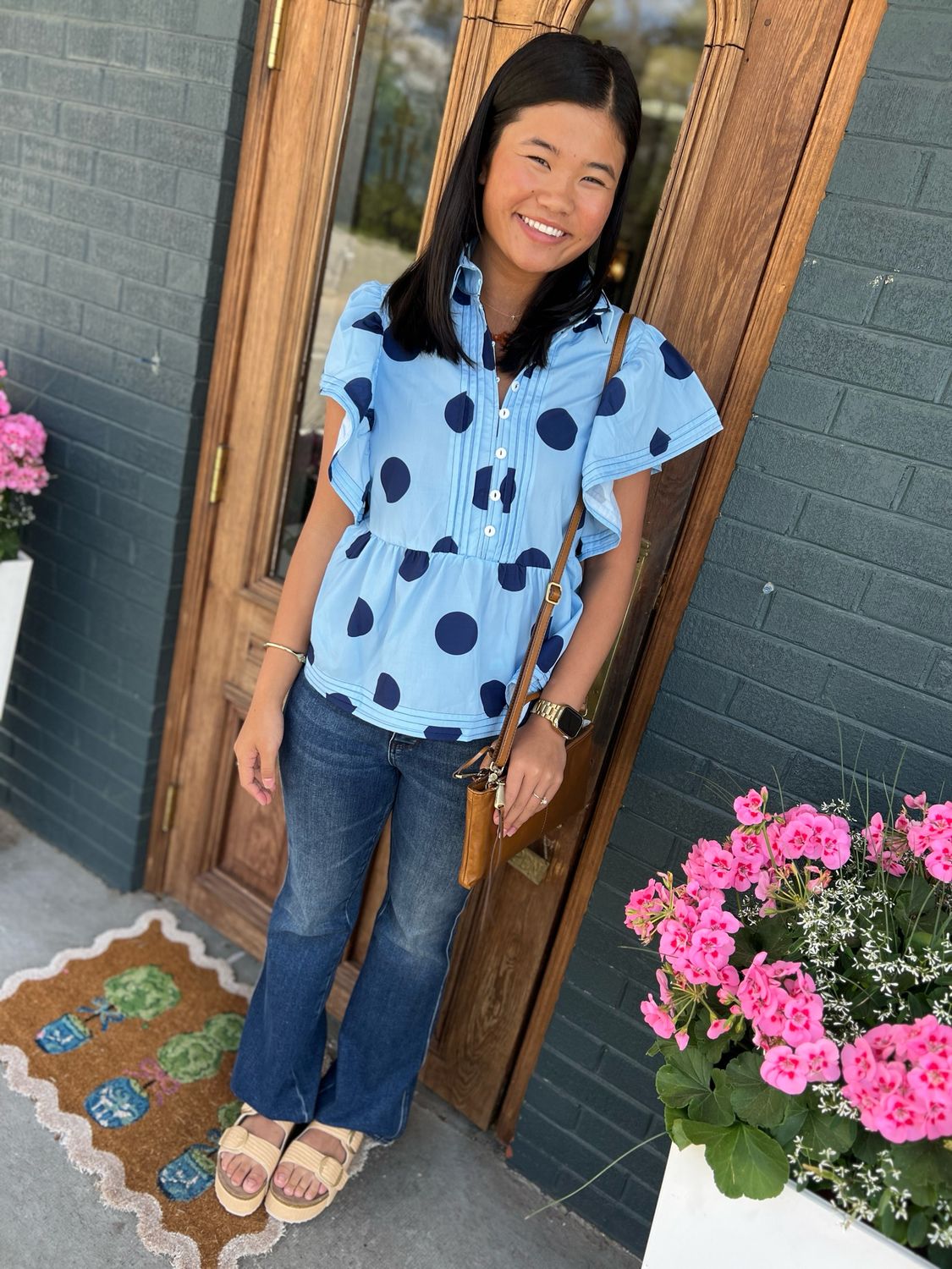 Ldc Polka Dot Ruffled Short Sleeve Buttoned Collar