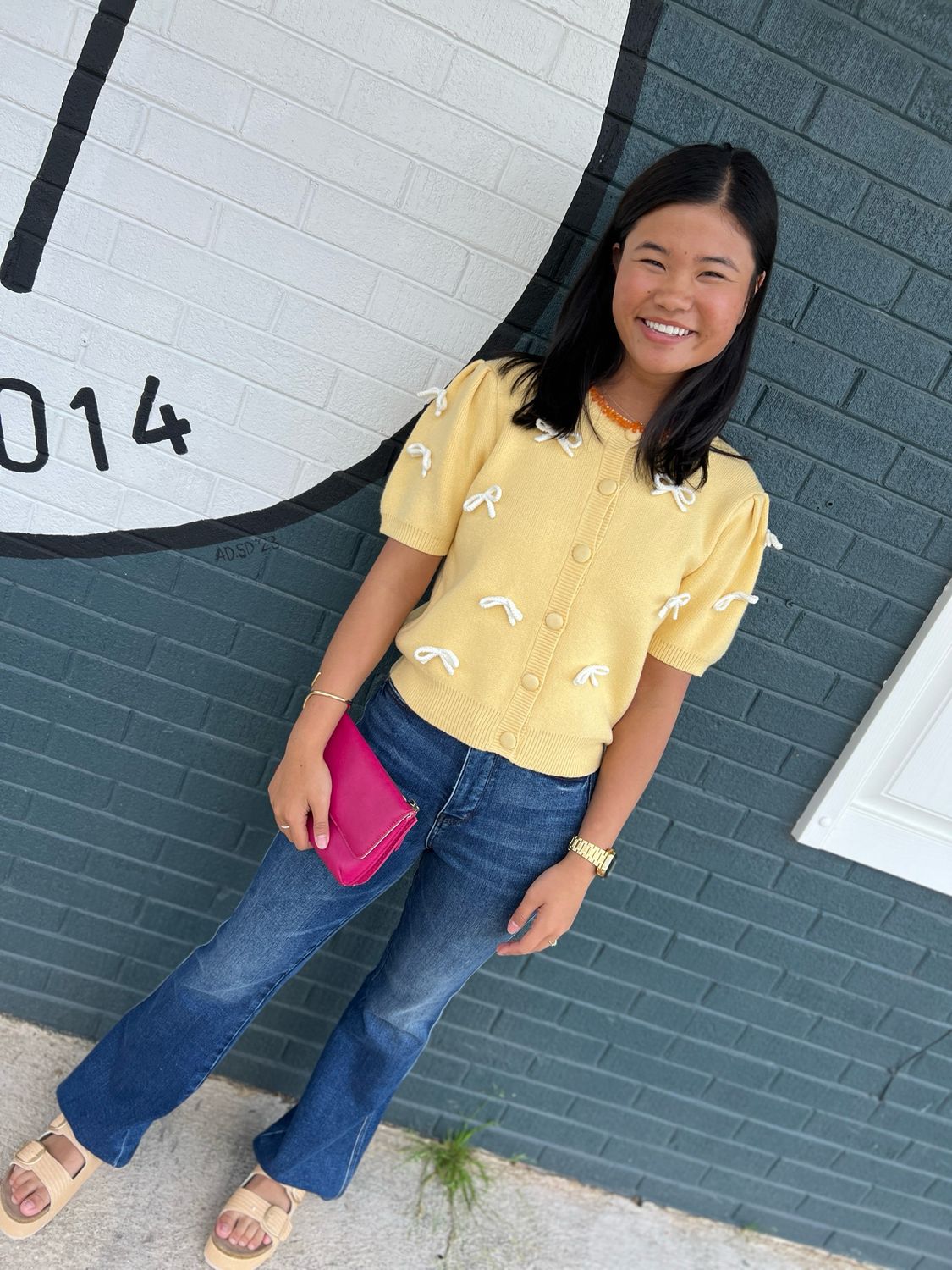 Yellow puff short sleeve bow sweater cardigan