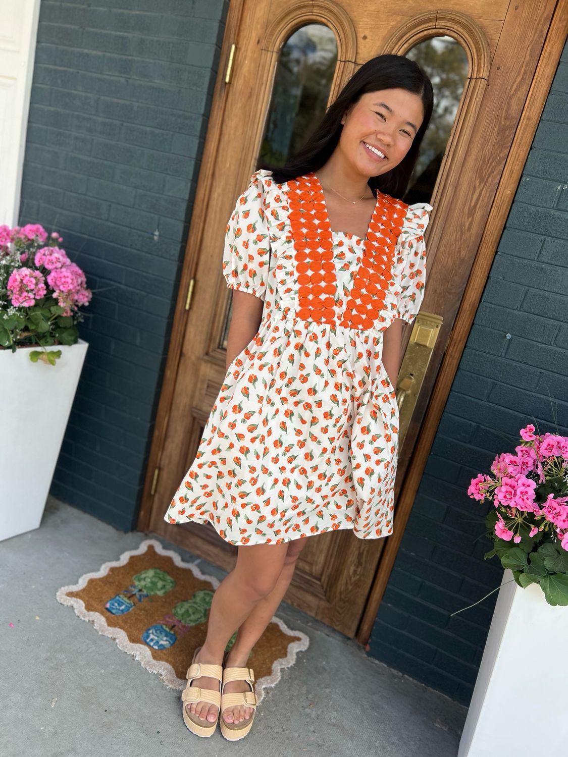 FLORAL PRINTED COTTON POPLIN DRESS