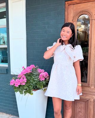 Jacquard Puff Sleeve Bow Detail Dress