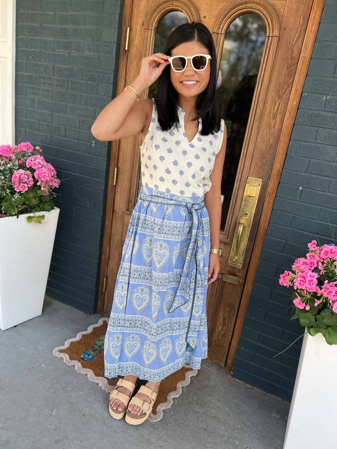 Mixed Printed Waist Tie Sleeveless Midi Dress
