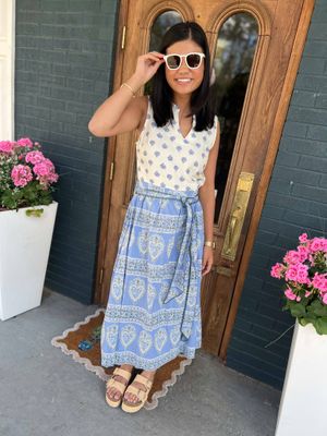 Mixed Printed Waist Tie Sleeveless Midi Dress