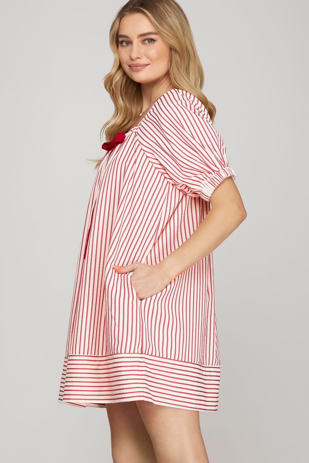 Half sleeve woven striped mini dress