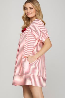 Half sleeve woven striped mini dress