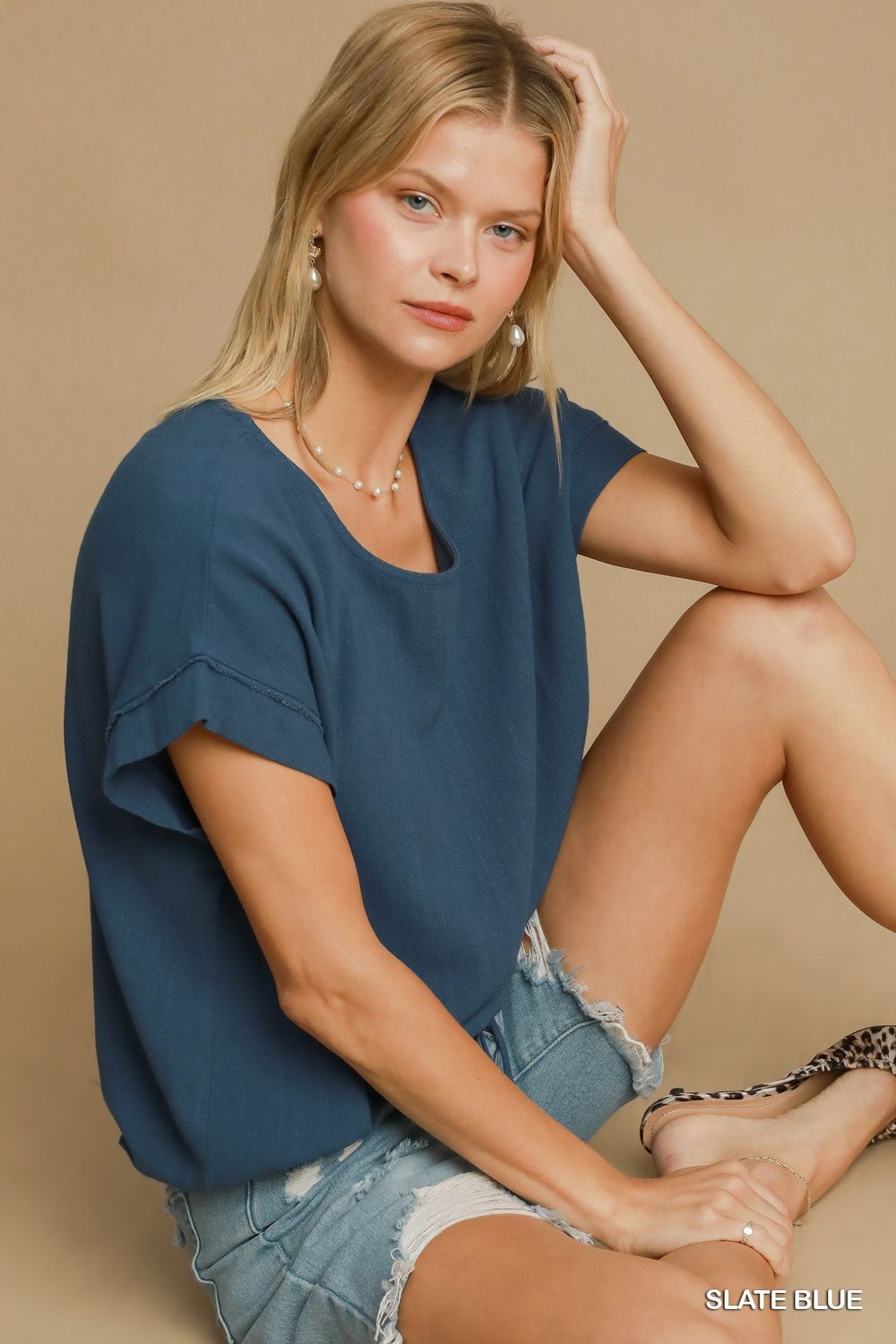 Washed Linen Blend Cap Sleeve Top