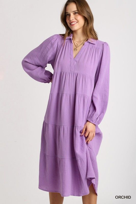 Gauze Collar Split Neck Tiered Maxi Dress