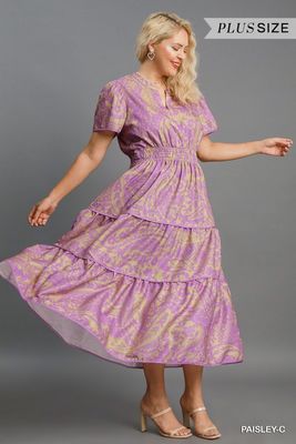 Tiered Split Neck Print Maxi Dress PLUS
