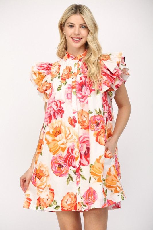 PINTUCK DETAILED RUFFLE SLEEVE MINI DRESS
