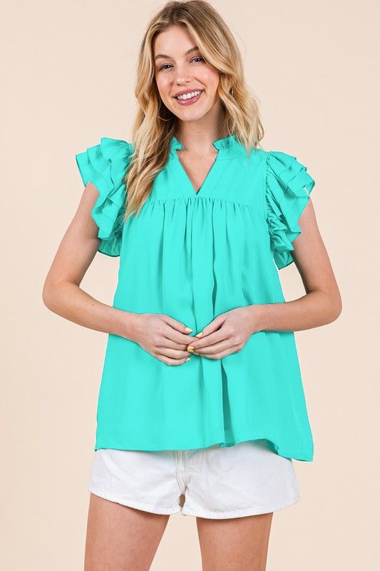 Dobby Ruffle Sleeve V-Neck Blouse