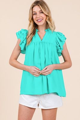 Dobby Ruffle Sleeve V-Neck Blouse