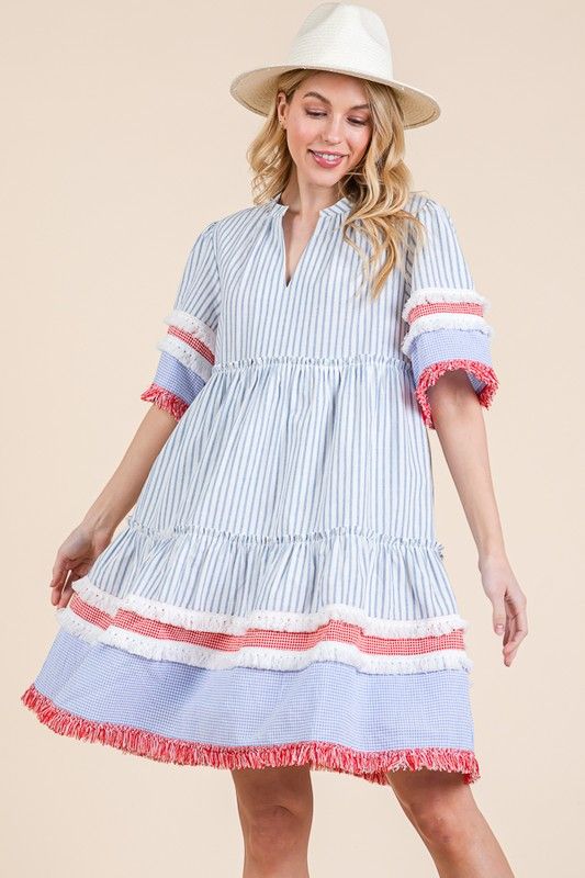 Trim Detail Vertical Striped Short Sleeve Dress