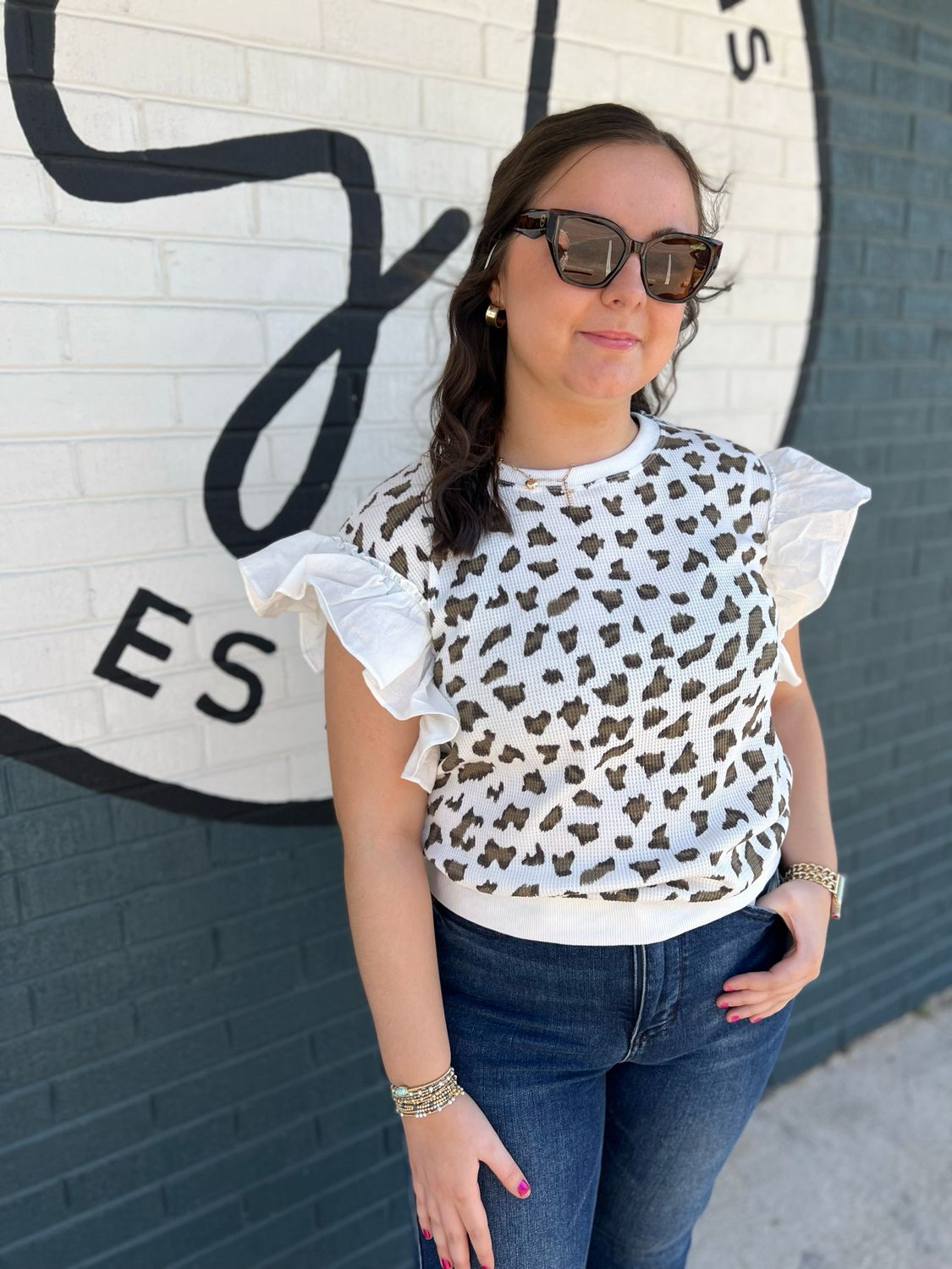 Ribbed Leopard Print Ruffle Detail Sleeveless Top