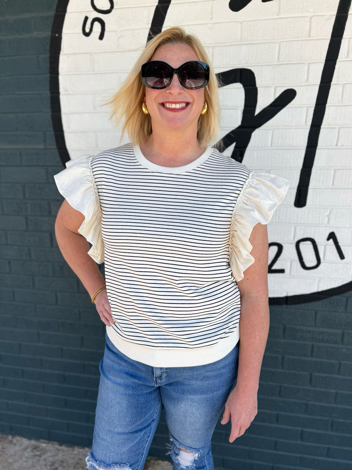 Striped Contrast Ruffle Detail Sleeveless Top