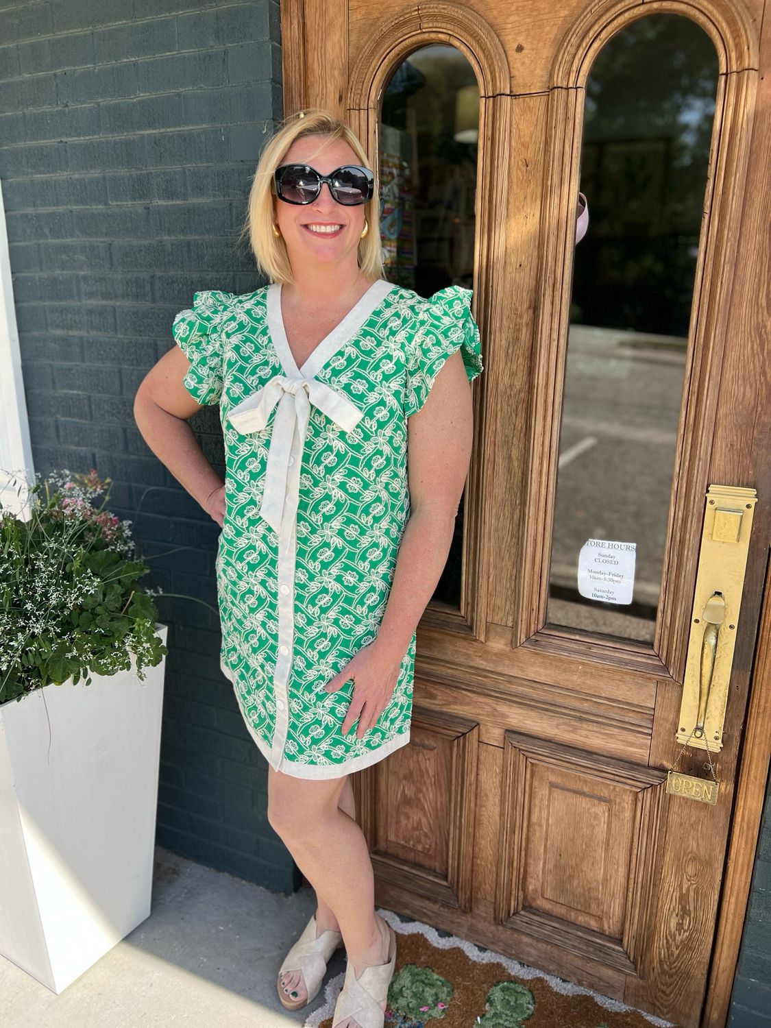 Embroidered Ruffle Sleeve Contrast Ribbon Dress