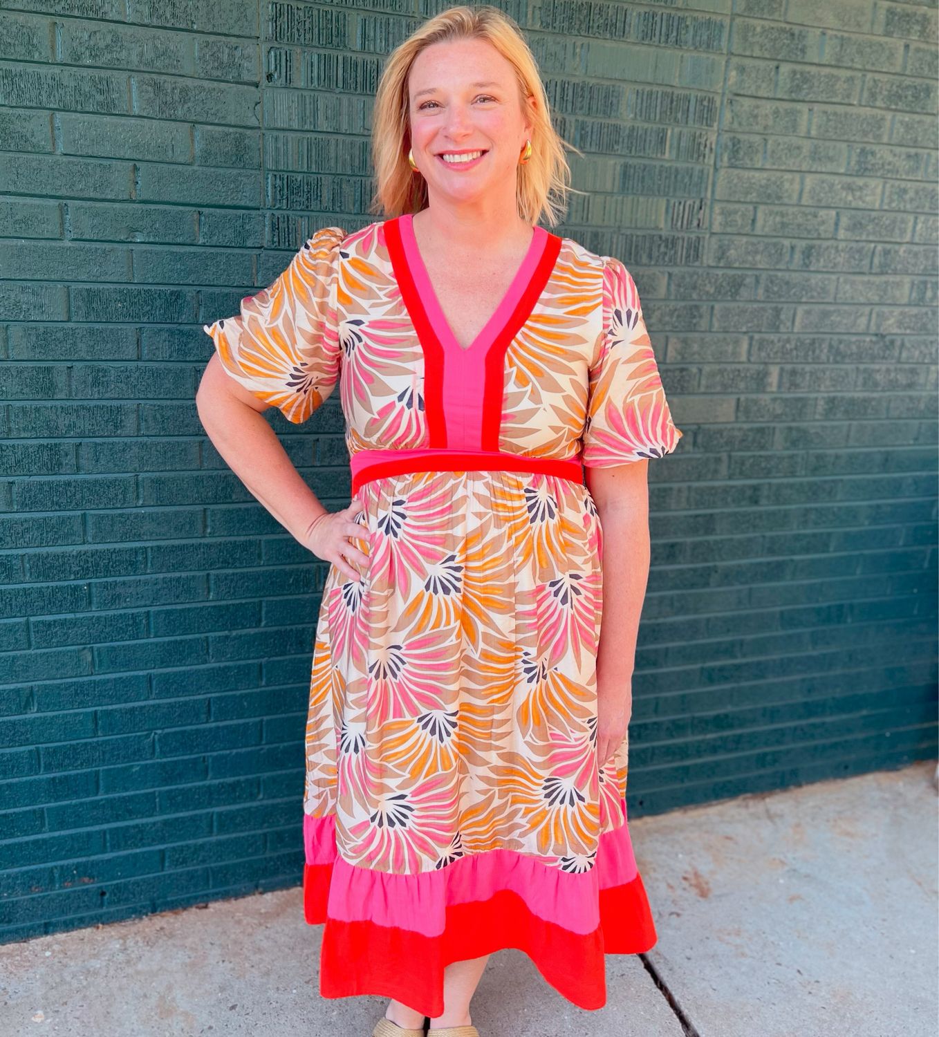 Summer Palm Print Contrast Color Block Midi Dress