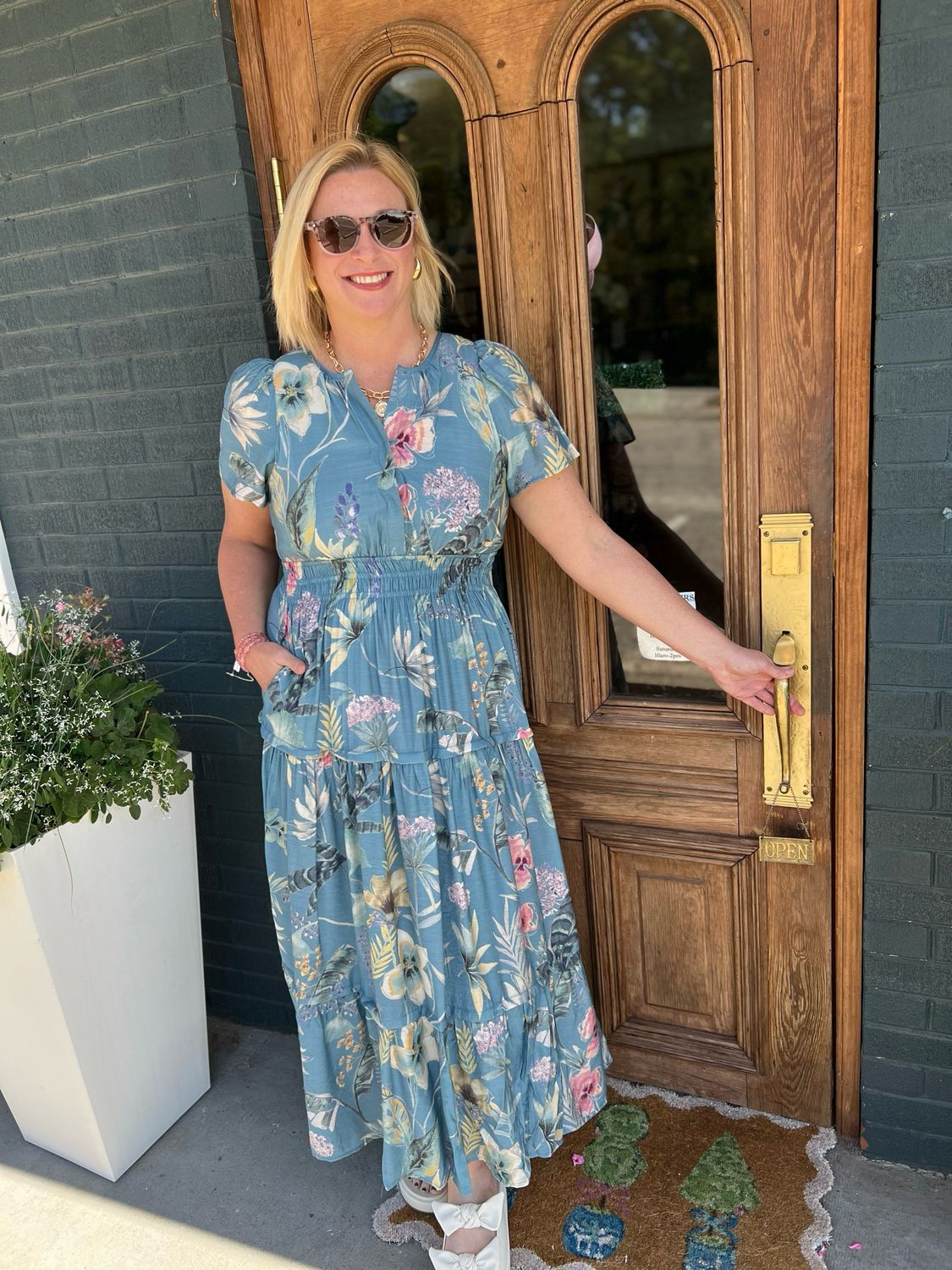 Floral Print Split Neck Tiered Maxi Dress