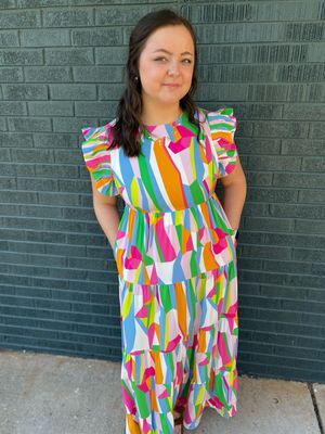 Bold Graphic Print Ruffle Shoulder Maxi Dress