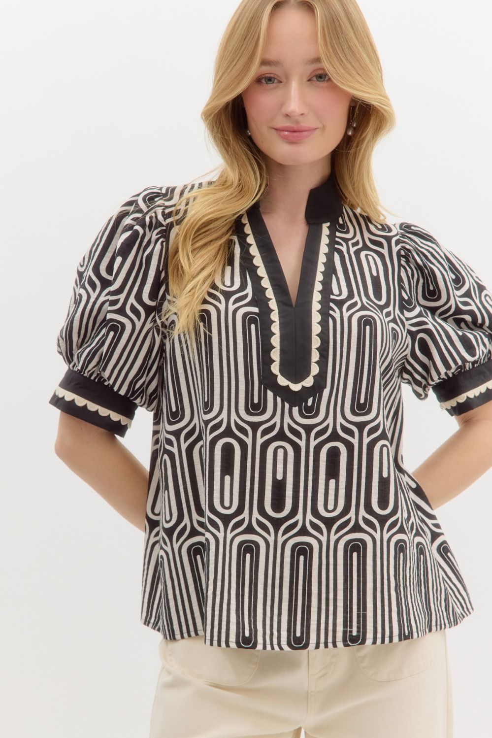 Entro abstract print high neck black &amp; white top