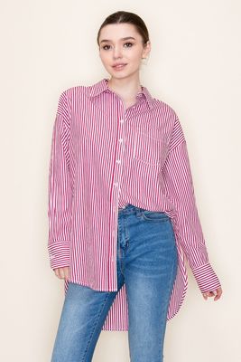 Hi-low oversized red white stripped button down
