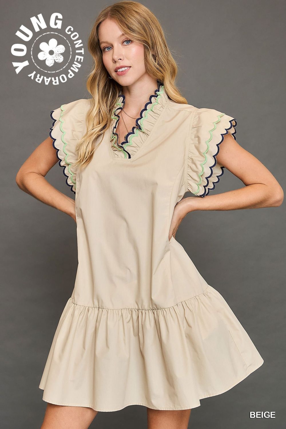 Scallop Trim Ruffle Sleeve Dress