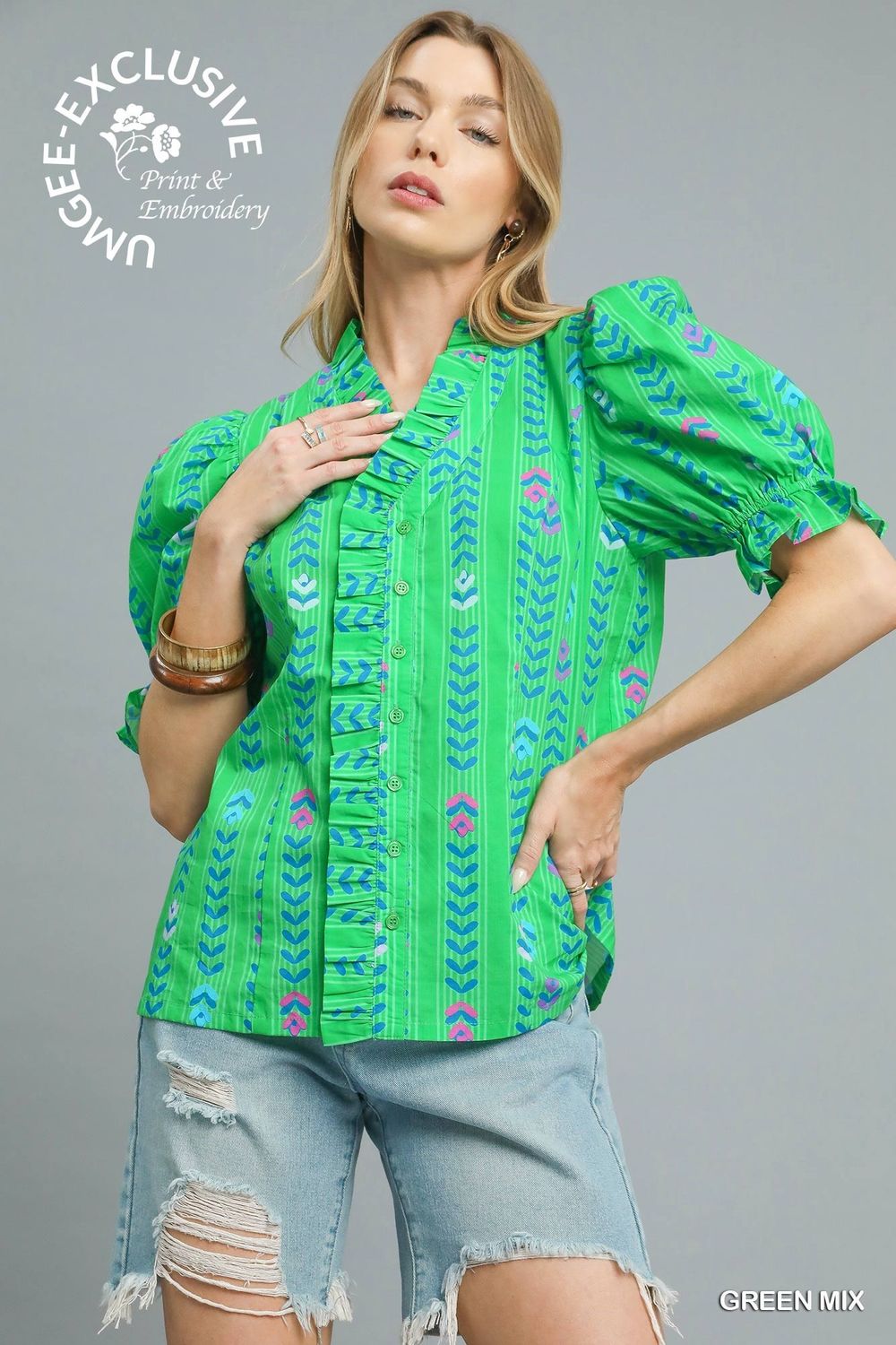 Mix Puff Sleeve Ruffle Trim Blouse