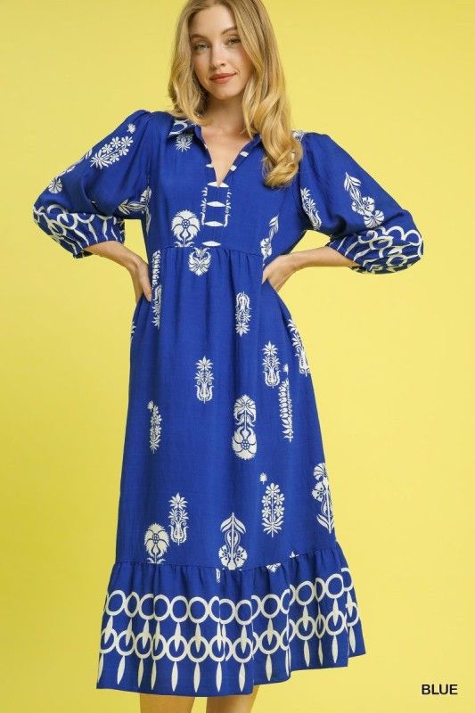 Blue Boho Print Midi Dress With Puff Sleeves