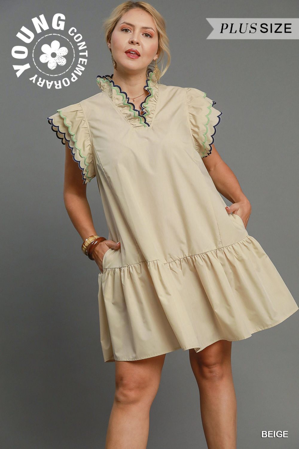 Ruffled Scalloped Sleeved Dress PLUS