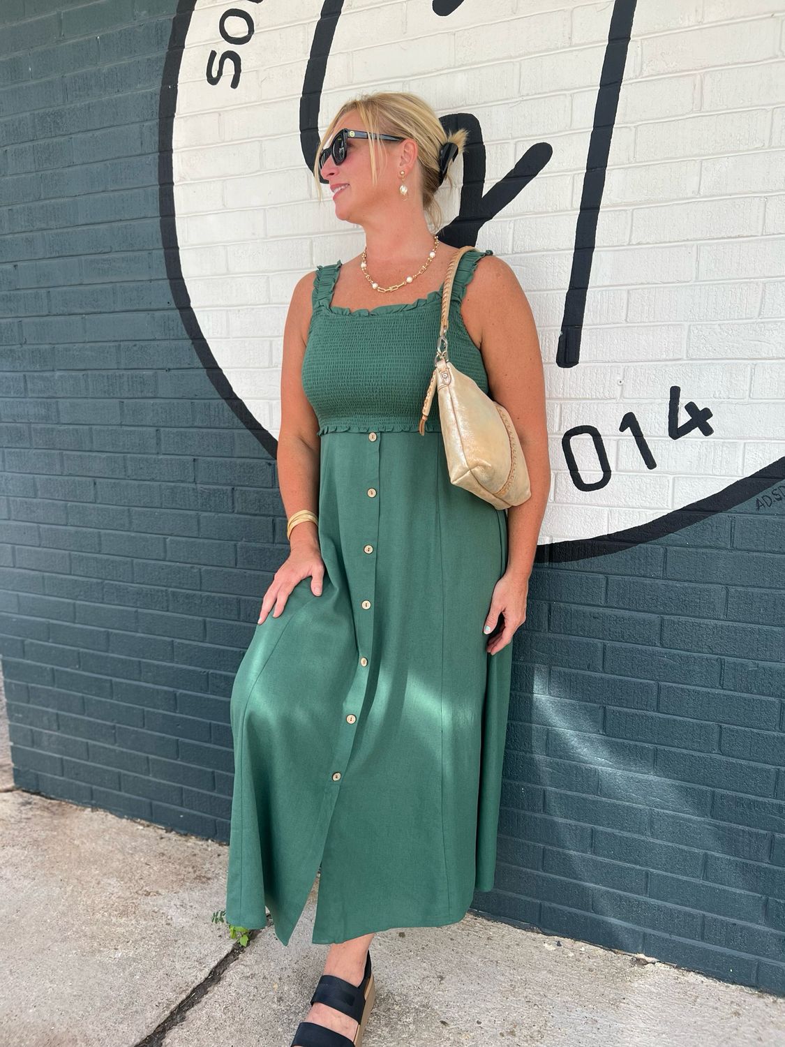 Smocked Sleeveless Button Down Midi Dress