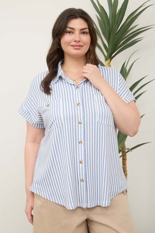 Stripe Collared Short Sleeve Button Down Top PLUS