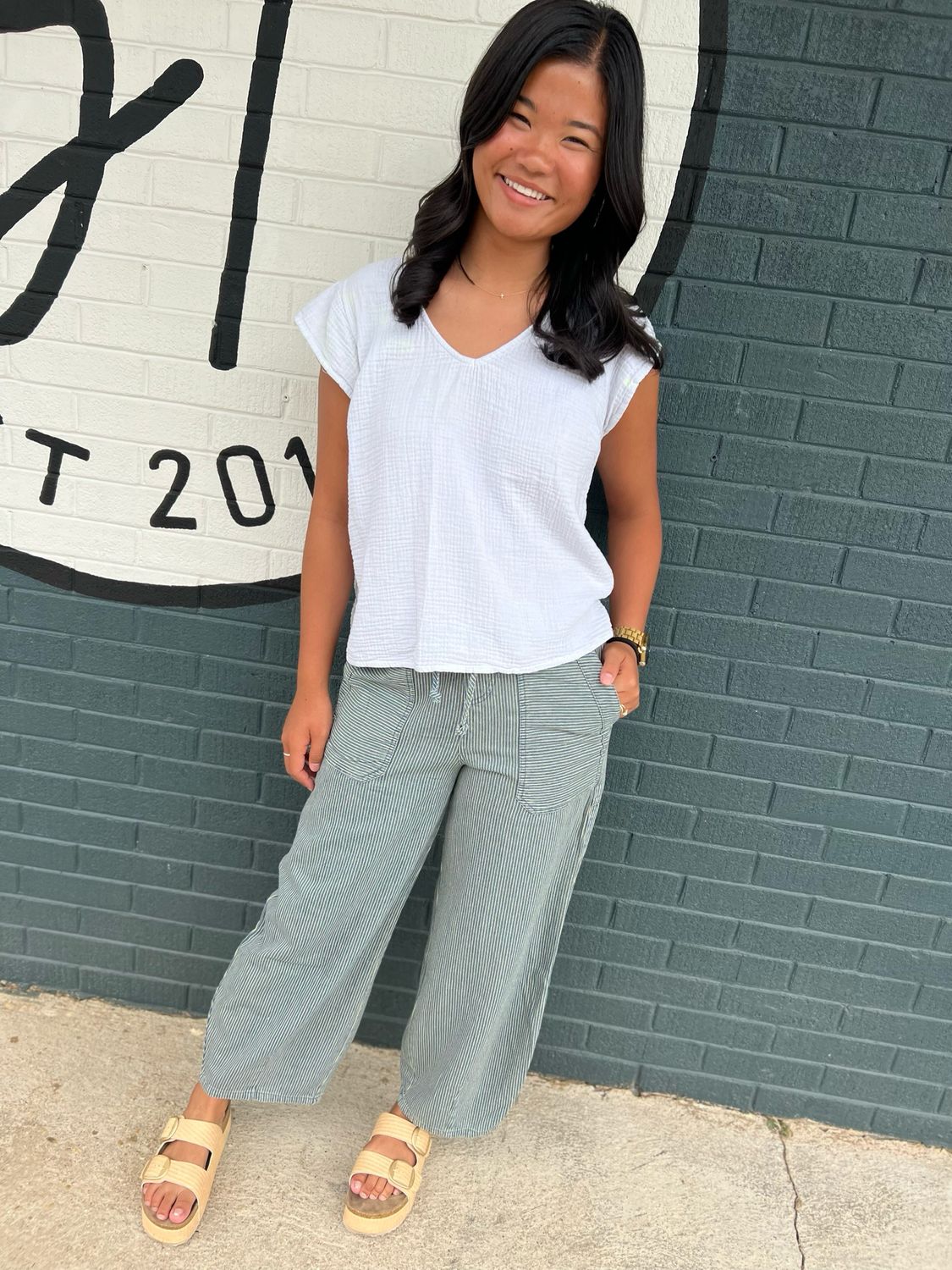 Stripe Denim Waist Tie Parachute Pants