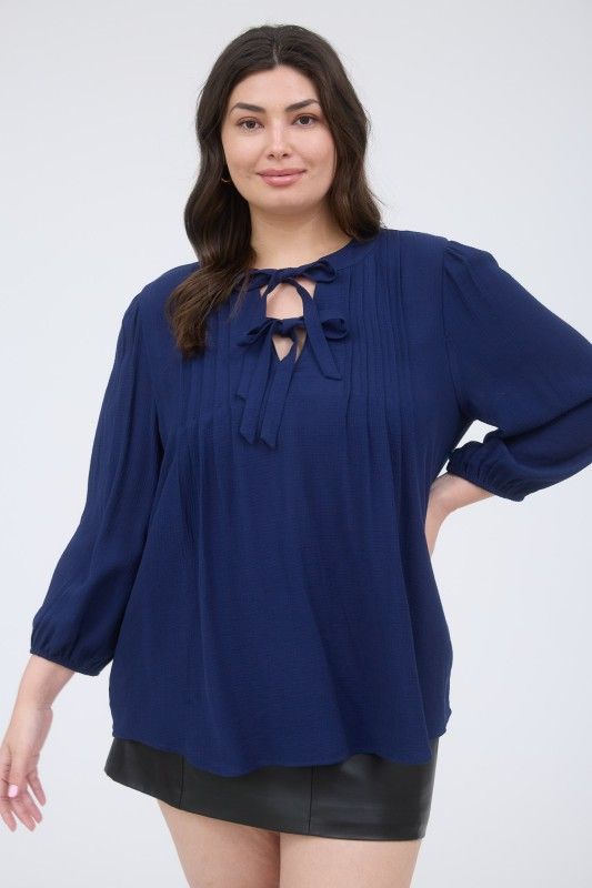 Front Tie Pleated Front 3/4 Sleeve Top PLUS