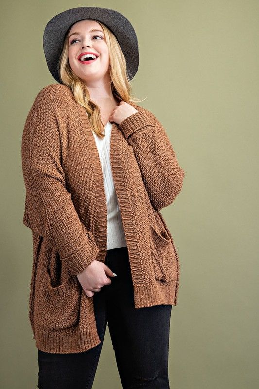 Size Ribbed Knit Open Front Cardigan PLUS