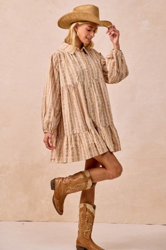 Floral Print Shirring Half Buttoned Shirt Dress