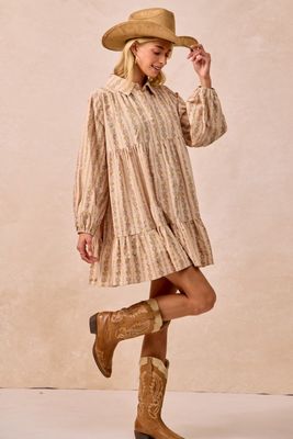Floral Print Shirring Half Buttoned Shirt Dress