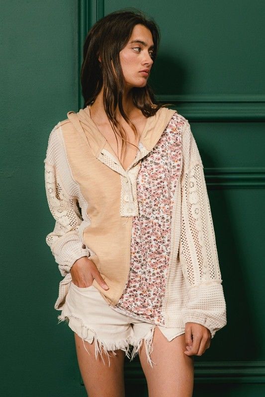 Slub Jersey With Lace Combo Buttoned Hoodie Top