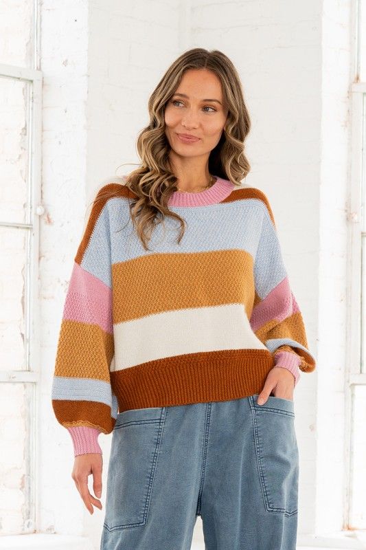Relaxed Fit Color Block Sweater Bold Stripes PLUS