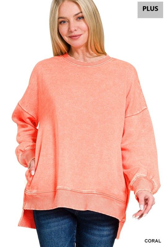 Acid Wash Fleece Hi-low Hem Pullover PLUS