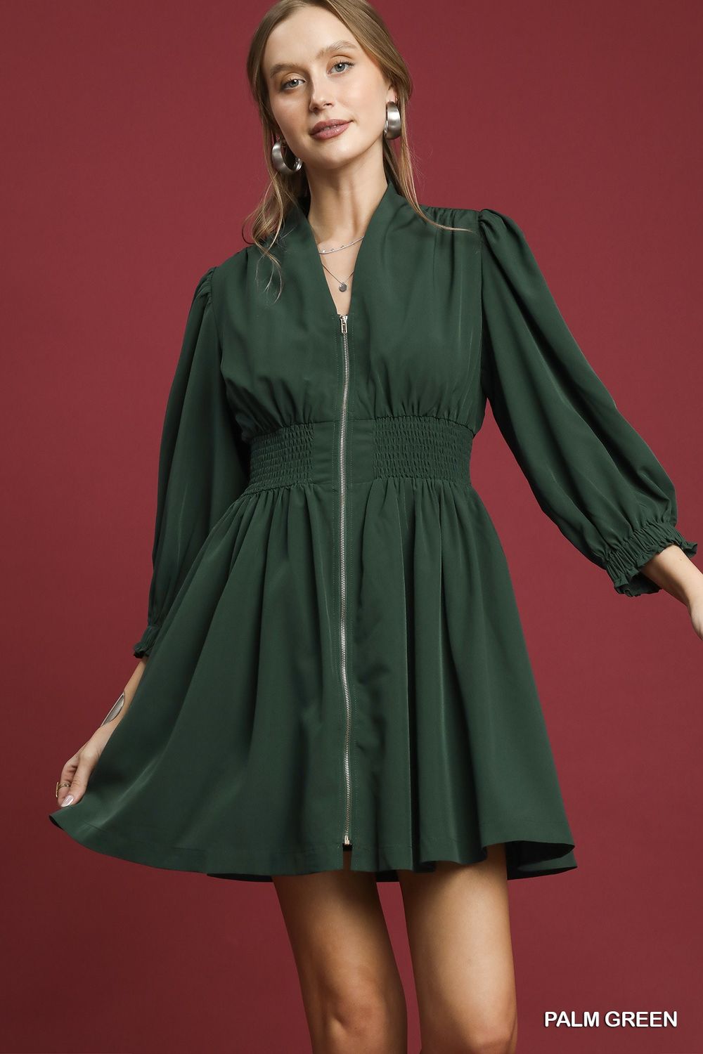 Lining V Neck Front Zipper Puff Sleeve Dress